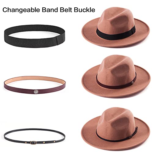 Felt Wide Brim Fedora Hats for Women Men, with Band Belt Buckle, Adjustable - color: 013 Camel