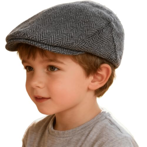 Kids Vintage-Herringbone-Tweed-Wool-Blend-Newsboy-Ivy-Hat-Flat-Beret-Hat - color: Dark Gray