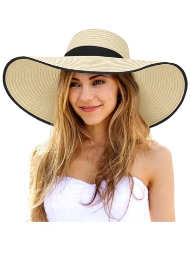 Floppy Sun Hats for Women, Summer Wide Brim Straw Beach Hat - color: Beige Black, size: X-Large