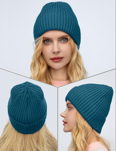 Satin Lined Wool Acrylic Blend Beanie Hat Women Men, Winter Knit Cap - color: Denim Blue