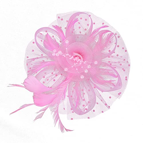 Century Star 2026 Kentucky Hat Derby Fascinator for Women Tea Party Flower Mesh Ribbons Feathers Headband Hair Clips - color: Pink