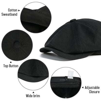BOTVELA Men's Newsboy Gatsby Hat Cotton Cabbie Cap - color: Black, size: 7 1/4