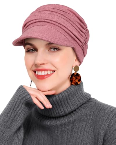 Newsboy Chemo Hat for Women - Soft Cap with Brim for Cancer & Alopecia - color: Pink Heather Grey