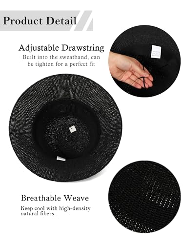 Womens Sun Hat Handmade Foldable Straw Bucket Hat Summer Crochet Travel Cap - color: Black, size: Small