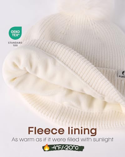 FURTALK Pom Pom Winter Hats for Women Fleece Lined Slouchy Warm Beanie Skull Cap - color: Beige