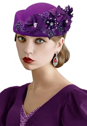 Women's Retro British Felt Headscarf Hat Church Derby Headdress with Floral Women's Soft Beret - color: Purple