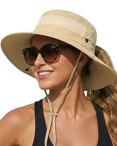 Women's Sun Hat Sun Protection Wide Brim Bucket with Ponytail Hole Summer - color: Khaki