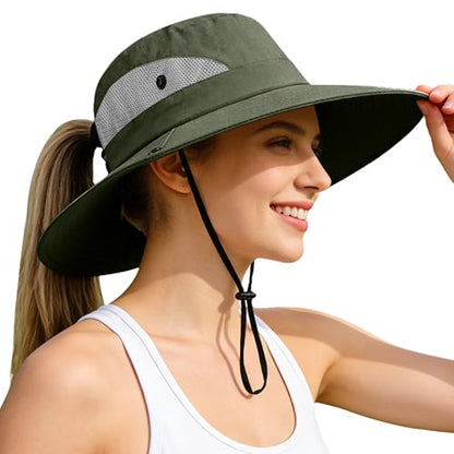 Rosoz Ponytail Sun Bucket Hats for Women UV Protection Foldable Wide Brim - color: 1 Pack-pure Green