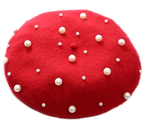Womens French Beret Hat Winter Warm Artist Beanie Cap Classic Beret Hats - color: Red With Pearl