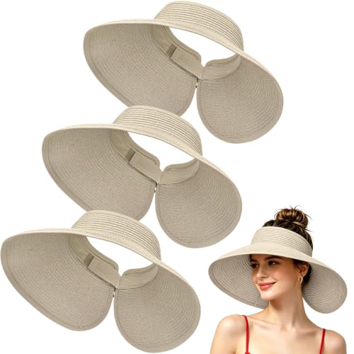 3 Pack Women's Straw Sun Visor Hat,Outdoor Wide Brim UV Protection Foldable,Adjustable Packable Ponytail Summer Sun Hat - color: 3 Pack Beige