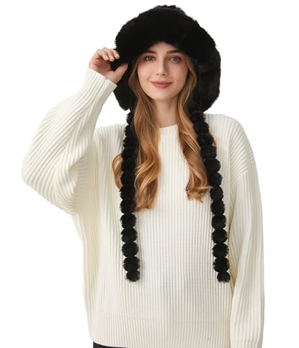 HUAMULAN Women Winter Sherpa Beanie Hats Knit Ear Flaps Fleece Lined - color: Black With Braids