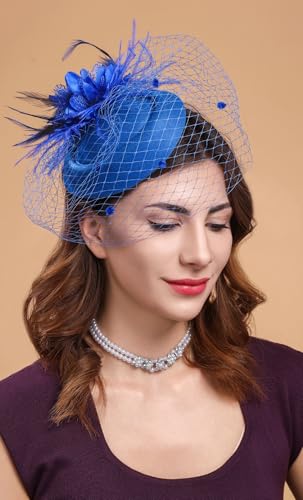 Fascinators Hats for Women Pillbox Hat 20s 30s 50s Vintage Feather Headwear Bowler Flower Veil Wedding Tea Party Hat - color: X-blue
