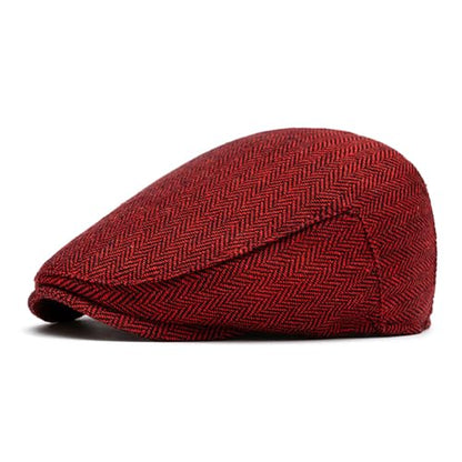 meioro Herringbone Flat Ivy Newsboy Cap for Men Classic Tweed Newsboy Hat Wool Blend Flat Cap Gatsby Cabbie Hats Ivy Caps - color: Red