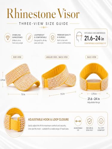 Women Shiny Rhinestone Bling Sun Visor Adjustable Tennis Beach Ponytail Hat - color: Yellow Hat+white Rhinestone