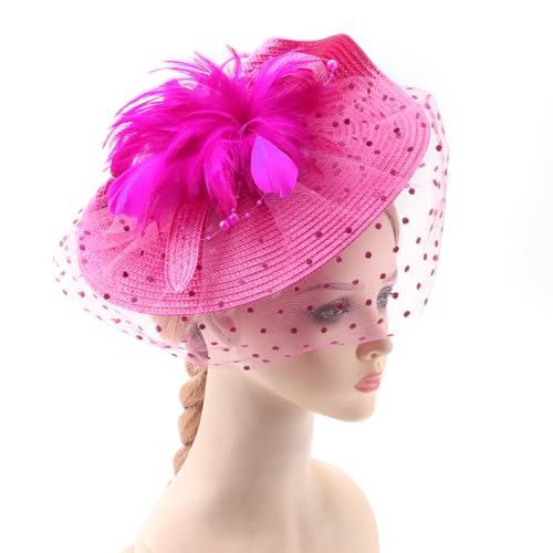 DRESHOW Fascinators Hat Flower Mesh Feathers Hat with a Headband and a Clip 7.9" Tea Party Headwear for Women - color: Folded Style 1: Rose Red / 7.9"