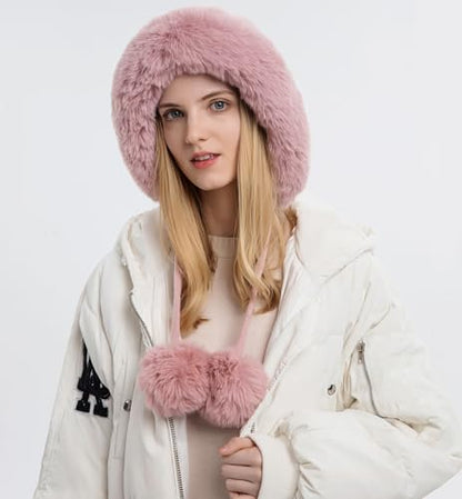 HUAMULAN Women Winter Sherpa Knit Beanie Hats Fleece Lined Ear Flaps - color: Pink Solid