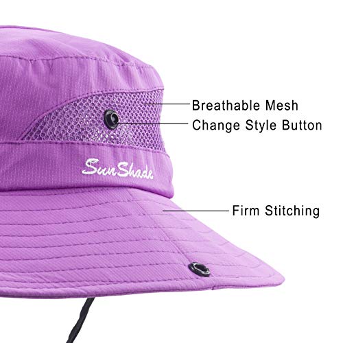 Muryobao Women's Ponytail Sun Hat UV Protection Foldable Mesh Wide Brim Beach Fishing Hat - color: Pure Purple