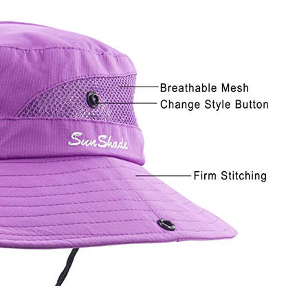 Muryobao Women's Ponytail Sun Hat UV Protection Foldable Mesh Wide Brim Beach Fishing Hat - color: Pure Purple