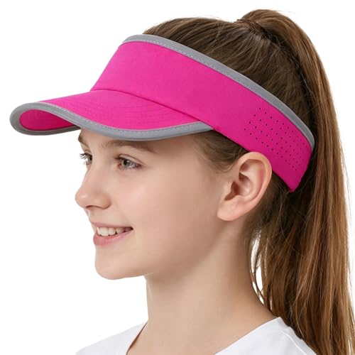 Kids Sun Visor Hats for Girls Boys Reflective Sports Hats Summer Beach Running Tennis Golf Caps Age 8-14 - color: Reflective Strip-hot Pink