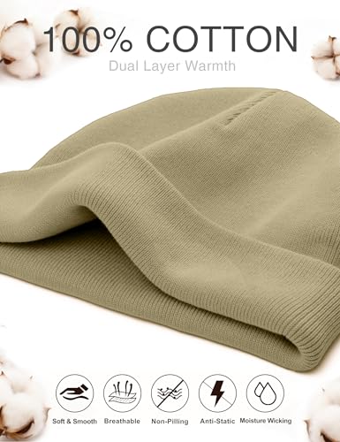 ROYBENS 100% Cotton No Cuff Beanie Hat Men Women, Fisherman Skull Cap - color: Khaki