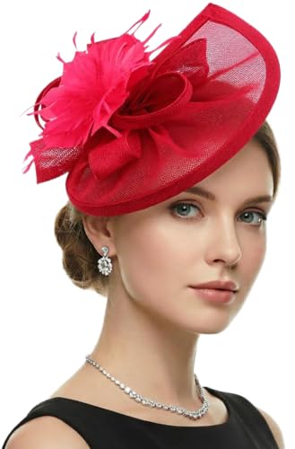 DRESHOW Fascinators Hat Feather Headband Women's Fascinators Tea Party Headwear with Clip Flower Head Band for Girls & Women - color: Medium Size: Red