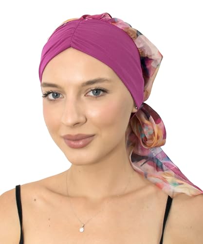 CAPLORD Chemo Headwrap for Women Turban Headwear for Cancer Patients Skull Cap Hair Loss Cover Lightweight Head Covering Hat - color: Fuchsia Colorful