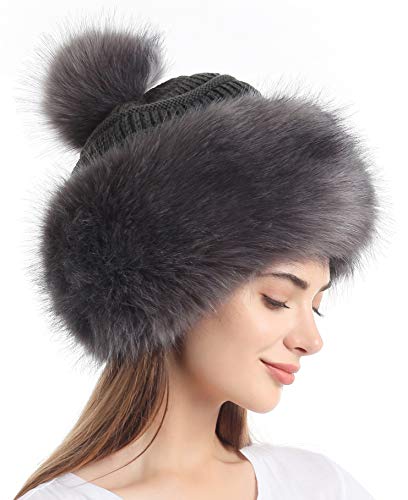 Soul Young Women's Faux Fur Hat Russian Cossack Knit Pompom Hat Ski Snow Cap for Winter Outdoor - color: Dark Grey