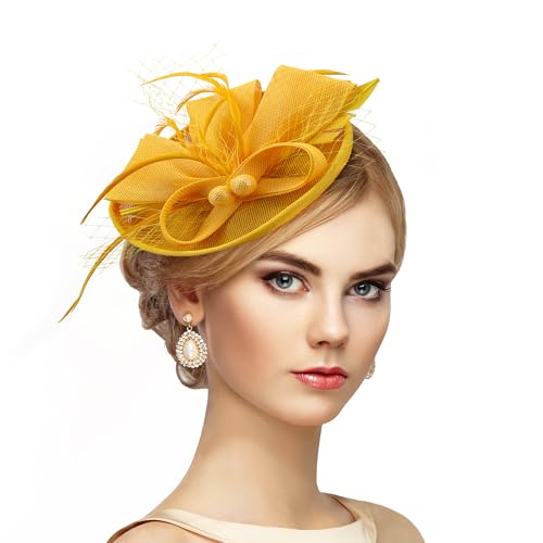 Zinniday Fascinator Tea Party Hat - 2026 Derby Pillbox Kentucky Hat for Women (7.87x5.9inch) - color: Yellow
