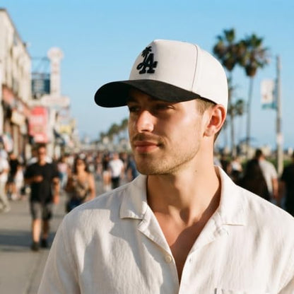 LA Palm Tree Baseball - Premium A-Frame Snapback One Size Fits All Men's and Women's Hat Adjustable Cotton Suede - color: Off White With Black