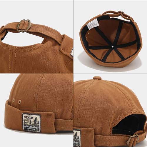 Men Docker Cap Brimless Skullcap Sailor Cap Rolled Cuff Retro Beanie Hat with Adjustable - color: Khaki