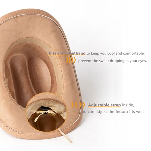 Western Cowboy Hat for Women Men Retro Suede Hat - color: Khaki-square Bull Buckle