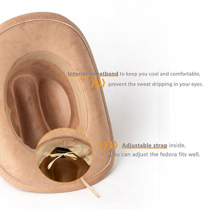 Western Cowboy Hat for Women Men Retro Suede Hat - color: Khaki-square Bull Buckle