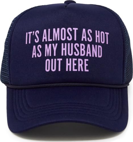 Funky Junque Premium Mesh Snapback Trucker Hat - Stylish Comfort for All - Patriotic, Humor & More - color: It's Almost as Hot as My Husband Out Here - Navy