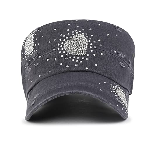 ililily Rhinestone Cotton Cadet Cap Vintage Distressed Cotton Military Army Hat - color: Charcoal-heart