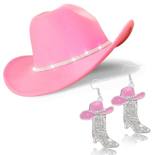 Cowboy Hat Rhinestone Cowgirl Boots Earrings Set Western Earring Felt Fedora Jazz Hat Rodeo Outfit for Women Size M - color: Pink