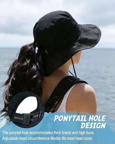 Women's Sun Hat with Ponytail Hole, Breathable Foldable Summer Hat with Shapeable Brim for Hiking Beach Gardening - color: Black