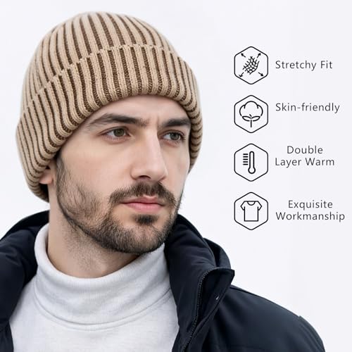 HONGTEYA 3 Pack Winter Beanie for Men Women, Thicken Thermal Plush Lined Beanie Fashion Warm Knit Hat for Cold Weather - color: Blue+camel+pink