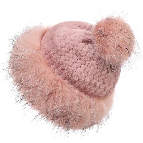 sy soul young Women's Faux Fur Hats with Pompom Warm Knit Beanie Skull Hat - color: Pink