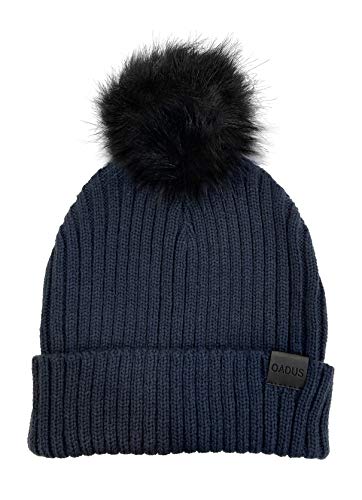 Women's Slouchy Winter Beanie Hat with Removable Faux Fur Pom - color: Navy/Black Pom