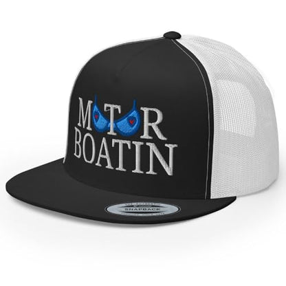 NX Motor Boatin Embroidered Flat Bill Trucker Hat High Crown Snapback Cap - color: Black/ White
