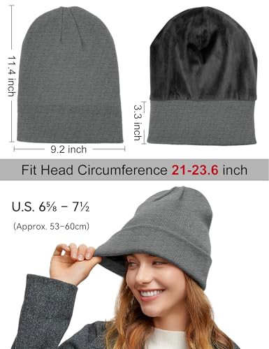 Fleece Lined Wool Beanie Hat Men Women, Warm Cuffed Winter Cap - color: Light Gray