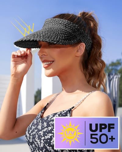 Straw Sun Visors & Hats for Women - Packable Beach Hats, Handmade, Sun Protection - color: Black, size: Medium