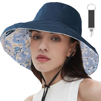 vidsel Womens Sun Hats Wide Brim Reversible Bucket Cotton Hat with Hat Clip - color: Navy Blue, size: Medium