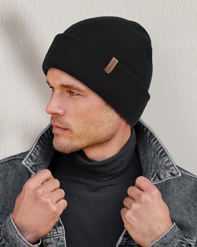 FURTALK Mens Winter Fleece Lined Knit Cuffed Beanie - color: Black