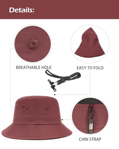 Zylioo XL XXL Bucket Hat for Big Heads, Quick Dry Travel Sun Hat with Strap - color: Burgundy, size: X-Large-XX-Large