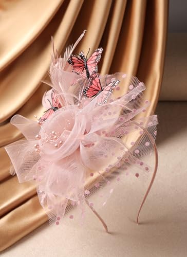 Zinniday Butterfly Derby Hat 2025 - Classic Tea Party Hats with Hair Clip, 1920s 50s Fascinators for Lady Woman - color: Pink