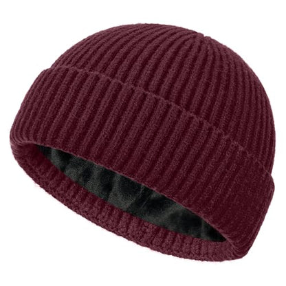 Fleece Lined Wool Short Fisherman Beanie Men Women Cuff Winter Hat - color: 1pc-winered
