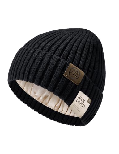 Durio Unisex Silk Lined Beanie Double Layered Winter Hats - color: Black