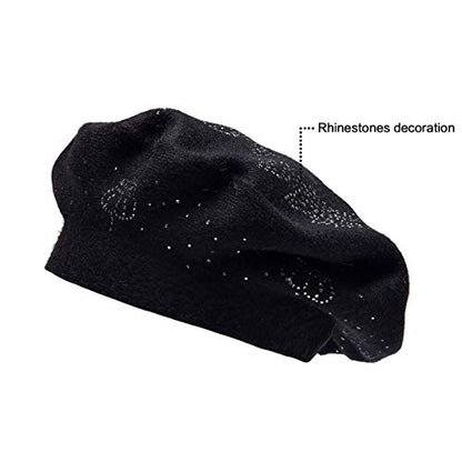 LADYBRO Rhinestone Beret Hats for Women 2 Layers Wool Knit Cap Lady Winter - color: Black-top Rhinestones