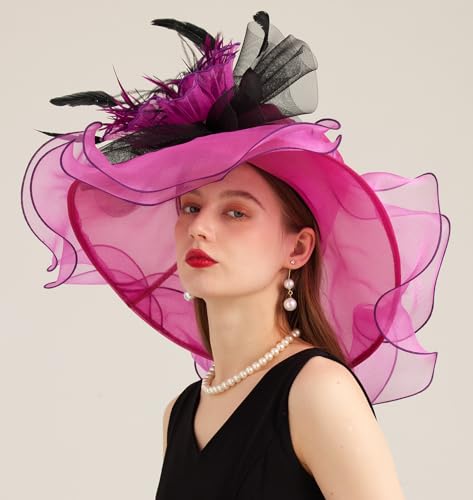Women Derby Church Hat Organza Flower Wedding Tea Party Fascinator Wide Brim Sun Hat - color: 10-fuchsia